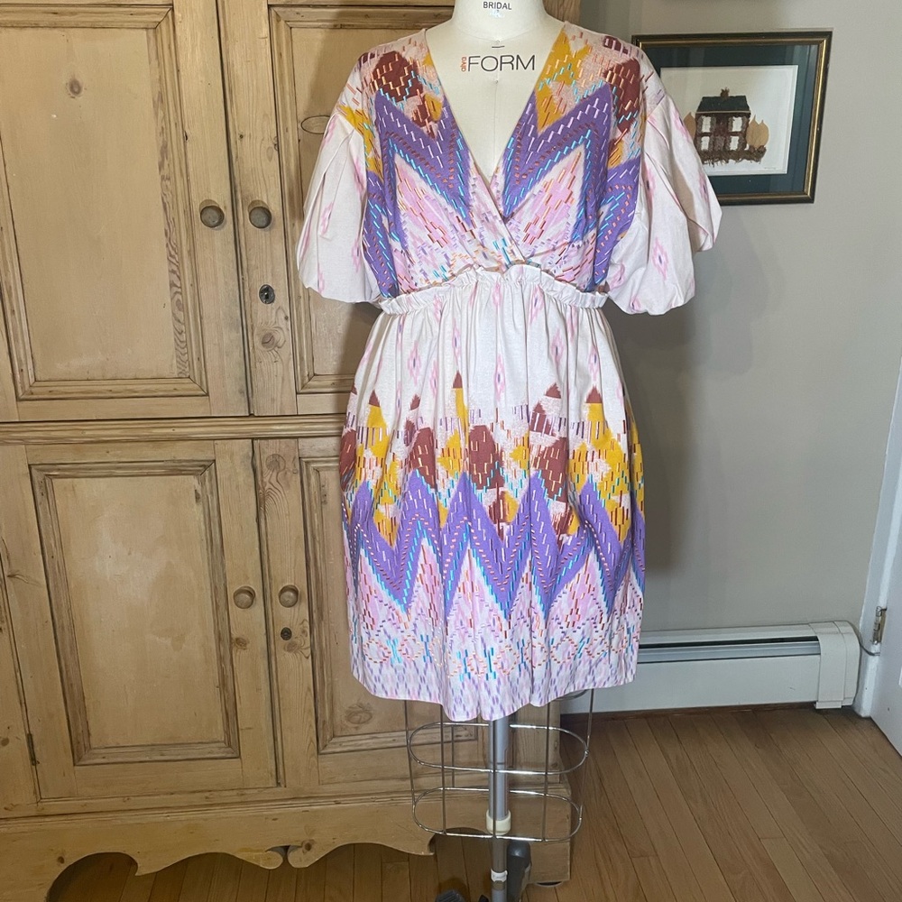 Colorful Ikat print with embroidery Patterned Women's Dress. Excellent condition